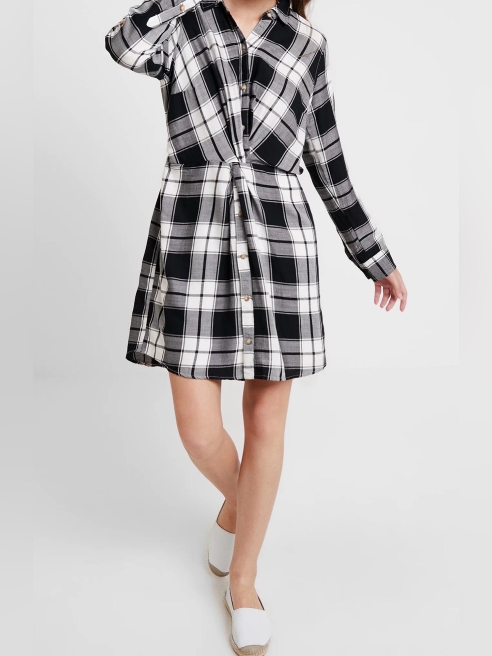 Abercrombie & Fitch Plaid Twist Front Shirt Dress Womens XS NWT Black White